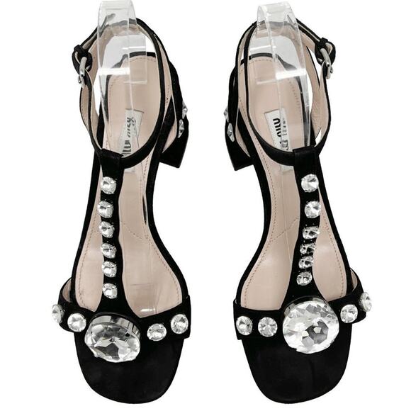 Miu Miu Crystal Embellished Black Suede T-Strap Sandals Size EU 37.5 - Picture 4 of 9